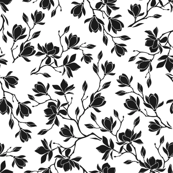 花纹与木兰花 无缝隙花纹与木兰花分枝轮廓 矢量黑白无缝背景 — 图库矢量图片