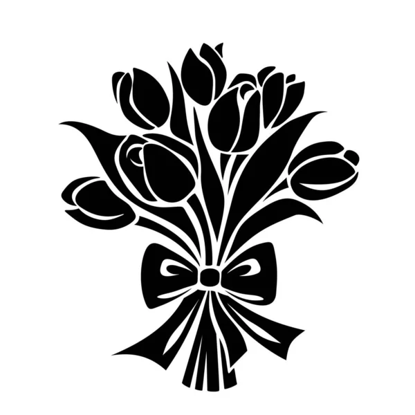 白い背景に孤立したチューリップの花の花束 チューリップの花束の黒いシルエット ベクターイラスト — ストックベクタ