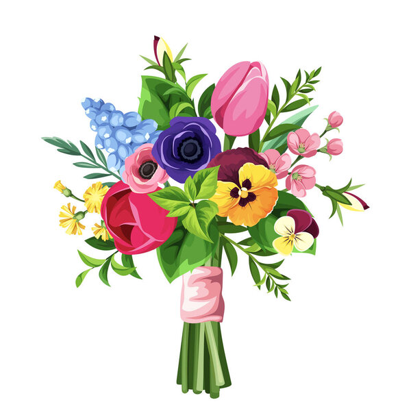 Bouquet of colorful flowers isolated on a white background. Tulip, pansy, anemone, and hyacinth flowers bouquet. Vector illustration