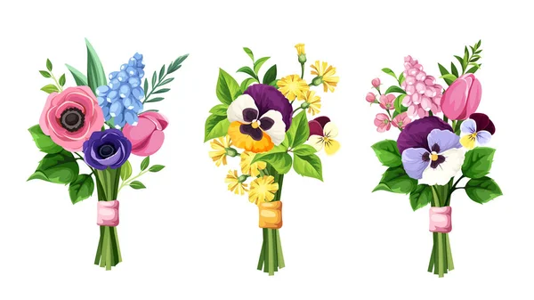Bouquets Colorful Flowers Isolated White Background Set Colorful Tulip Pansy — Stock Vector