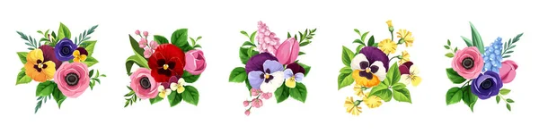Barevné Květiny Izolované Bílém Pozadí Sada Barevných Tulipánů Buchtiček Sasanek — Stockový vektor