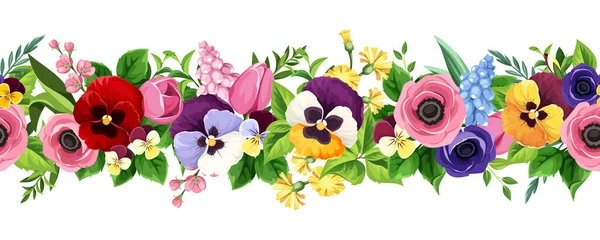 Horizontal Seamless Border Colorful Flowers Tulip Pansy Anemone Hyacinth Flowers — Stock Vector