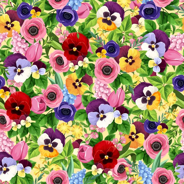 Floral Απρόσκοπτη Μοτίβο Πολύχρωμη Τουλίπα Πανσές Υάκινθος Και Ανεμώνη Λουλούδια — Διανυσματικό Αρχείο