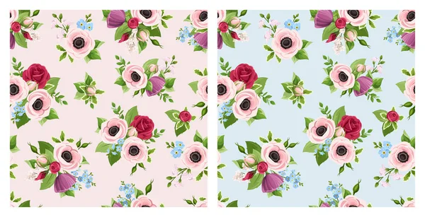 Sømløse Blomstermønstre Med Røde Lyserøde Lilla Blå Anemoner Roser Glem – Stock-vektor