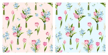 Pembe ve mavi arka planda, bahar çiçekleri (lale, sümbül, unutma beni, ve çiçekli zambak) olan kusursuz çiçek desenleri. Çiçekli vektör izleri kümesi