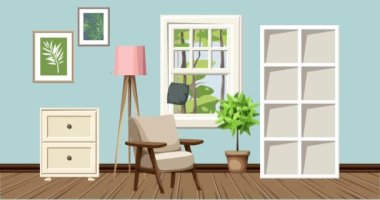 Oturma odasının iç dekorasyonu. 2d çizgi film animasyonu