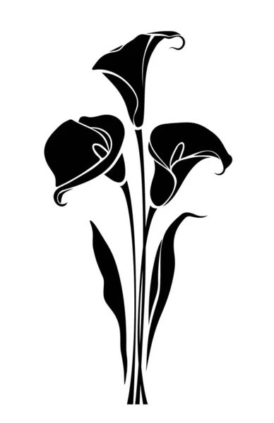 白い背景に孤立したカラユリの花の花束 コール花花束の黒のシルエット ベクターイラスト — ストックベクタ