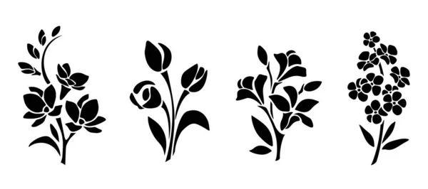 花のセット 白い背景には 花の黒いシルエット フリージア チューリップ アロステメリア 忘れない私ではない花 が孤立しています ベクターイラスト — ストックベクタ