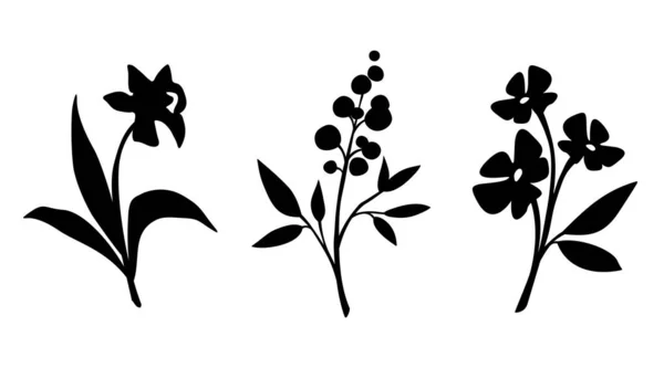 Çiçek Seti Beyaz Arka Planda Izole Edilmiş Siyah Çiçek Siluetleri — Stok Vektör