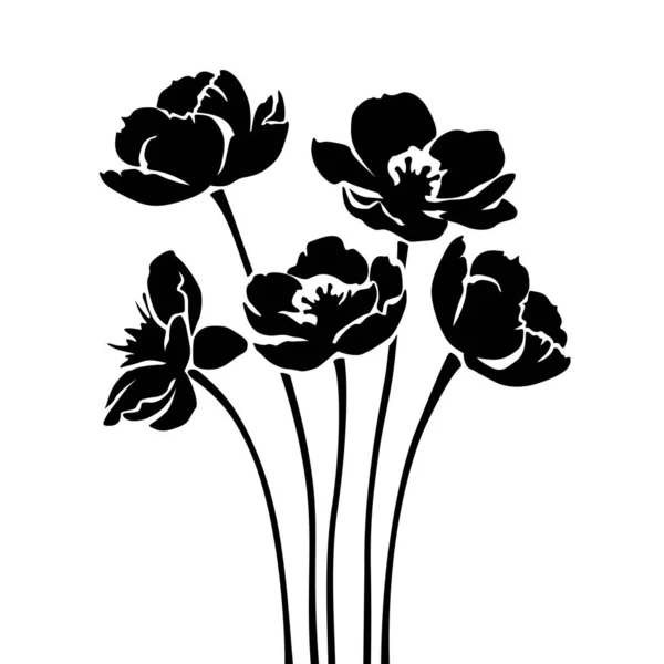 Bloemen Zwarte Silhouetten Van Bloemen Geïsoleerd Een Witte Achtergrond Vectorillustratie — Stockvector