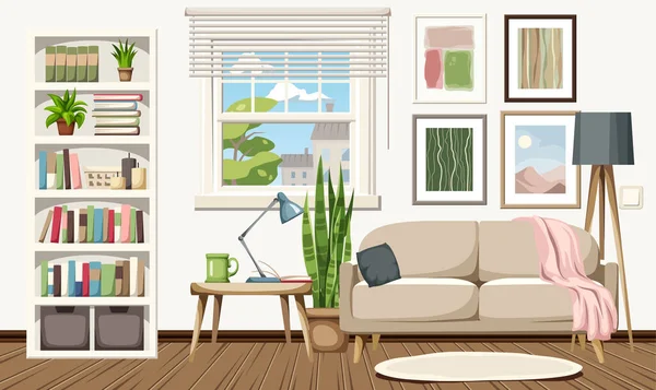 Interiér Obývacího Pokoje Pohovkou Bílou Knihovnou Oknem Obrázky Pokojovými Rostlinami — Stockový vektor