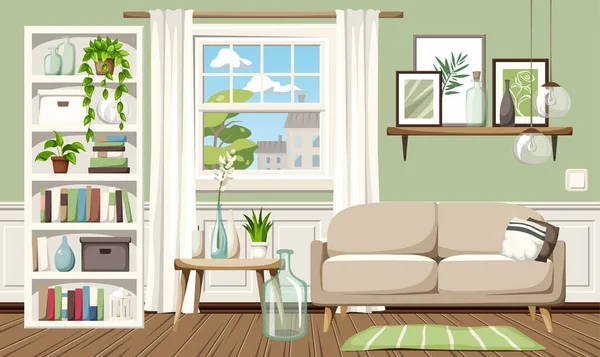 Living Room Interior Green Walls Sofa White Bookcase Window Houseplants — Stock Vector