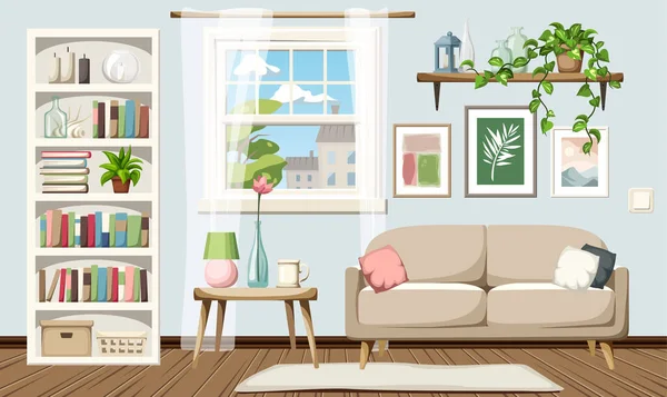 Interiér Obývacího Pokoje Modrými Stěnami Pohovkou Bílou Knihovnou Oknem Obrazy — Stockový vektor
