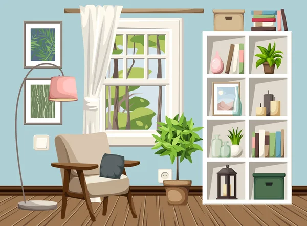 Living Room Interior Design Blue Walls Armchair Shelving Window Houseplants — Stock Vector