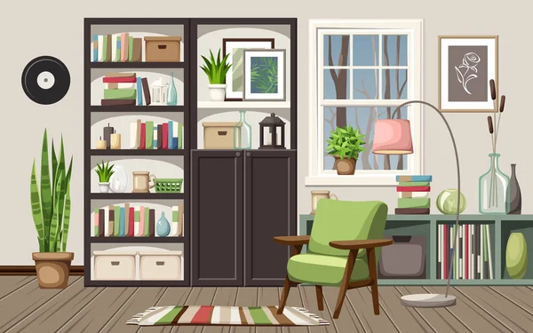 Living Room Interior Design Black Bookcases Armchair Shelving Window Houseplants — Stock Vector