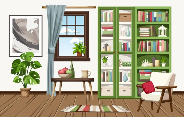 Obývací Pokoj Design Interiéru Zelenými Knihovnami Bílé Křeslo Stůl Okno — Stockový vektor