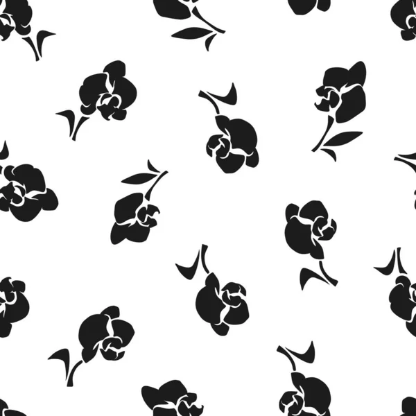 Naadloos Zwart Wit Bloemmotief Met Orchidee Bloemen Silhouetten Vector Bloemenprint — Stockvector