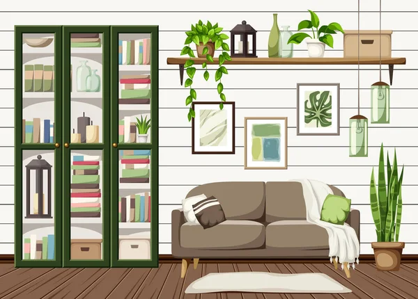 Wnętrze Salonu Sofą Zieloną Półką Książki Roślinami Domowymi Wiszącym Światłem — Wektor stockowy