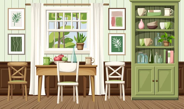 Esszimmereinrichtung Mit Tisch Stühlen Grünem Schrank Und Fenster Gemütliches Esszimmer — Stockvektor