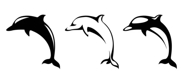イルカだ 白い背景に孤立したイルカの黒いシルエットのセット ベクターイラスト — ストックベクタ