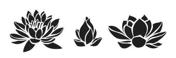 Lotosowe Kwiaty Czarne Sylwetki Lotosów Odizolowane Białym Tle Zbiór Ilustracji — Wektor stockowy