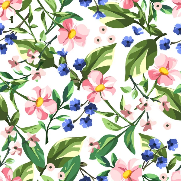 Bloemenpatroon Met Roze Witte Blauwe Bloemen Groene Bladeren Een Witte — Stockvector
