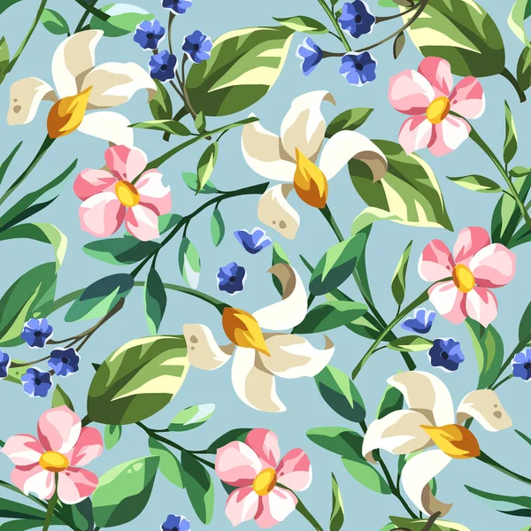 Bloemenpatroon Met Roze Witte Blauwe Bloemen Groene Bladeren Een Blauwe — Stockvector