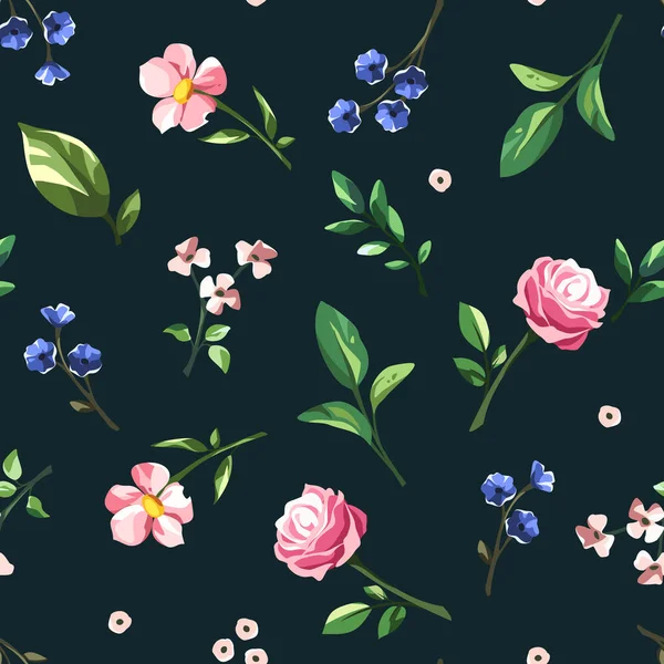 Patrón Floral Con Pequeñas Flores Rosadas Azules Hojas Verdes Sobre — Archivo Imágenes Vectoriales