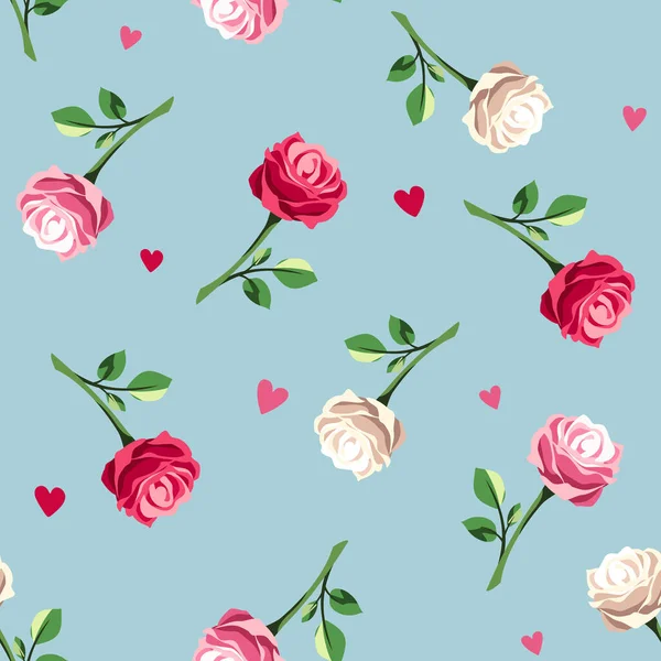 Floral Seamless Pattern Red Pink White Roses Pink Hearts Blue — Stock Vector