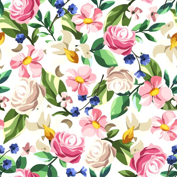 白を基調としたピンク 青の花や緑の葉を持つ花模様 シームレスなカラフルな花のプリント ベクターイラスト — ストックベクタ