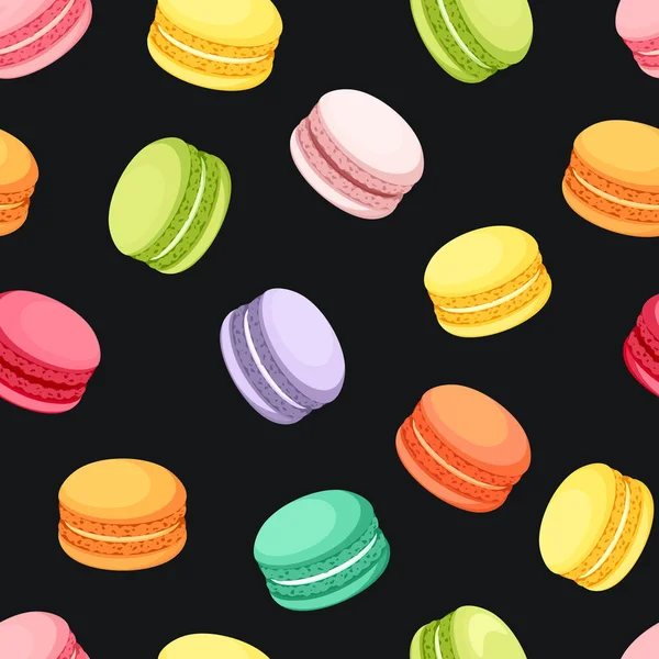 Bezproblémový Vzor Francouzskými Macaron Cookies Různých Barev Černém Pozadí Vektorová — Stockový vektor