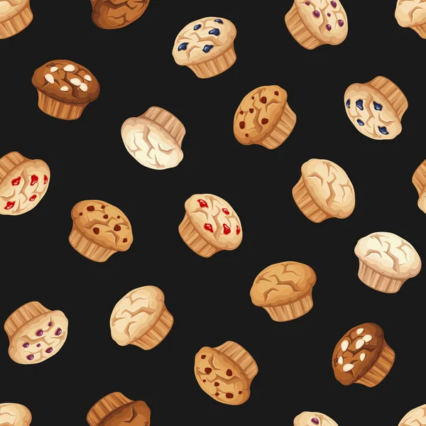 Seamless Pattern Muffins Black Background Vector Illustration — Stock Vector
