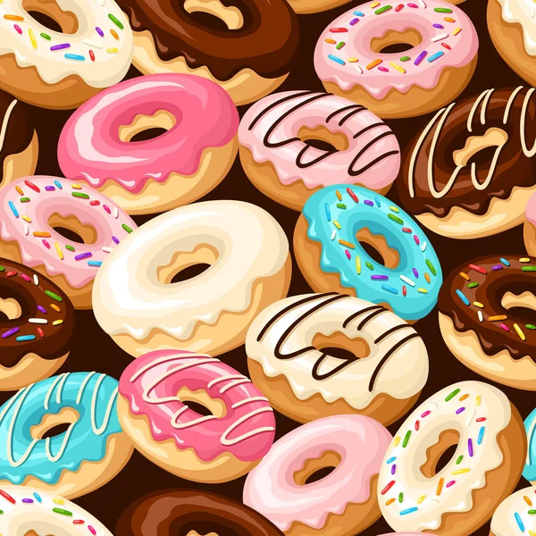 Naadloos Patroon Met Kleurrijke Donuts Een Bruine Achtergrond Vectorillustratie — Stockvector