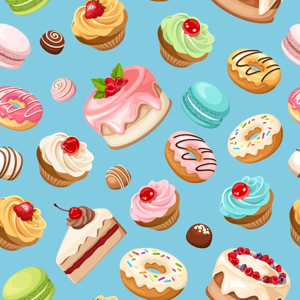 Płynny Wzór Kolorowymi Ciastkami Babeczkami Makaronami Pączkami Cukierkami Innymi Słodyczami — Wektor stockowy