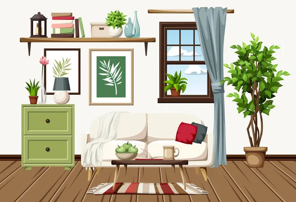 Salon Design Intérieur Avec Canapé Blanc Une Commode Une Fenêtre — Image vectorielle