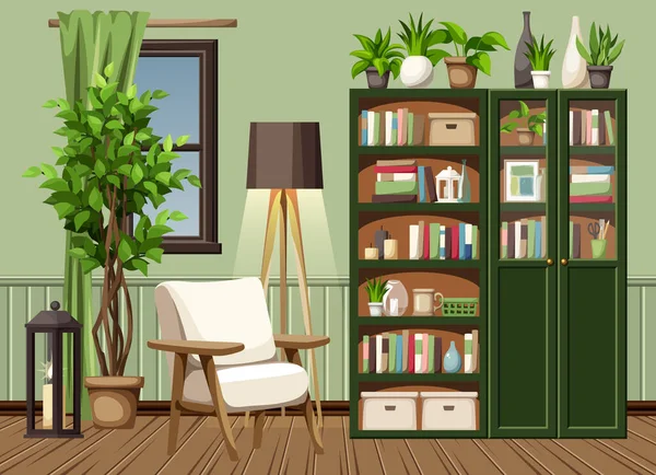 Wohnzimmereinrichtung Mit Grünen Wänden Grünen Bücherregalen Einem Weißen Sessel Einer — Stockvektor