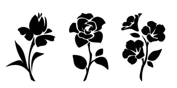 Blommor Svarta Silhuetter Blommor Isolerad Vit Bakgrund Vektorillustration — Stock vektor