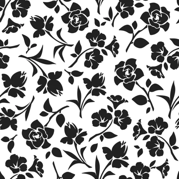Seamless Floral Pattern Flowers Vector Black White Floral Print — Stock Vector