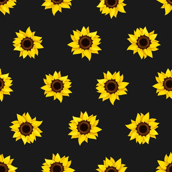 Płynny Wzór Żółtymi Słonecznikami Czarnym Tle Wektorowy Druk Kwiatowy — Wektor stockowy