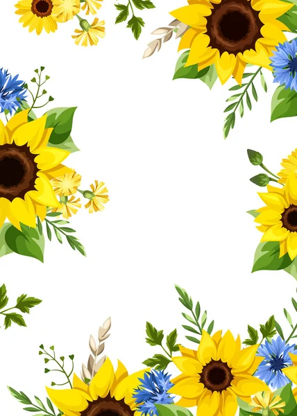 Cartão Saudação Convite Com Girassóis Azuis Amarelos Flores Milho Flores — Vetor de Stock