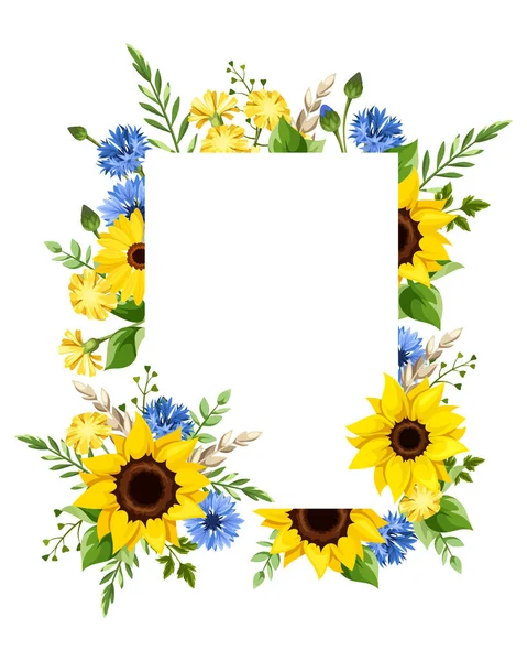 青と黄色のひまわり コーンフラワー タンポポの花 ガーベラの花 小麦の耳 緑の葉で挨拶や招待状のカードのデザイン ベクターイラスト — ストックベクタ