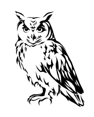 Owl. Black silhouette of a sitting owl isolated on a white background. Vector illustration clipart