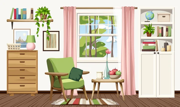 Wohnzimmereinrichtung Mit Sessel Weißem Bücherregal Und Kommode Gemütliche Raumgestaltung Zeichentrickvektorillustration — Stockvektor