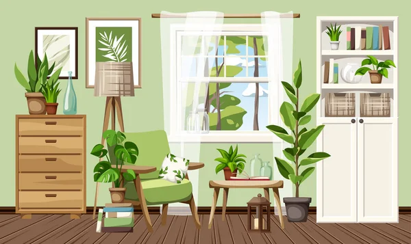 Salon Wystrój Wnętrz Zielonymi Ścianami Fotel Biała Biblioteczka Komoda Rośliny — Wektor stockowy