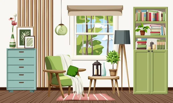 Wohnzimmereinrichtung Mit Grünem Sessel Grünem Bücherregal Blauer Kommode Und Holzlatten — Stockvektor