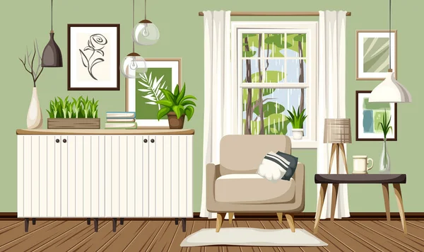 Oturma Odası Tasarımı Yeşil Duvarlar Bir Koltuk Beyaz Bir Şifonyer — Stok Vektör