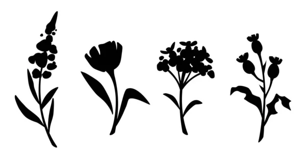 Набор Цветочных Силуэтов Черные Силуэты Цветов Выделены Белом Фоне Векторная — стоковый вектор