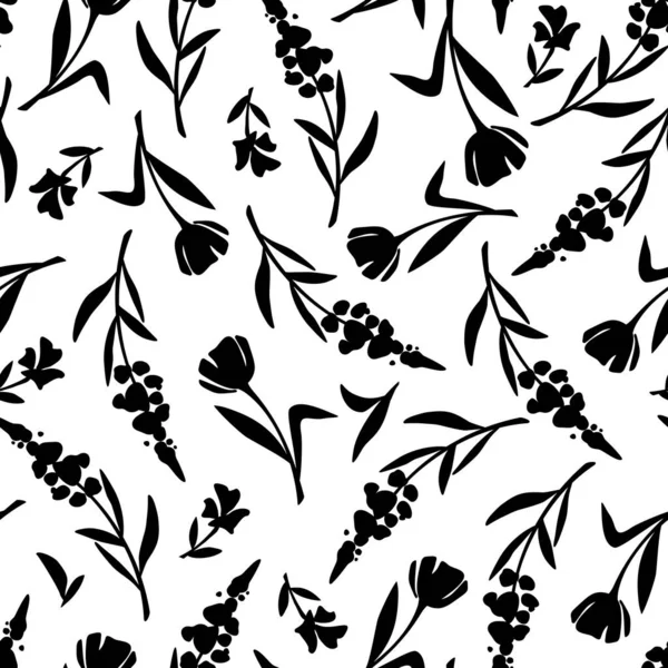 Απρόσκοπτη Floral Μοτίβο Λουλούδια Διάνυσμα Μαύρο Και Άσπρο Floral Print — Διανυσματικό Αρχείο