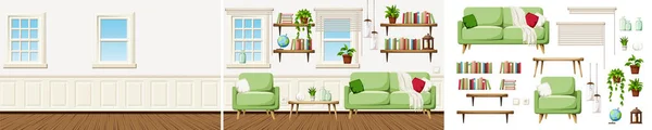 Wohnzimmereinrichtung Mit Sofa Sessel Tisch Und Bücherregalen Leere Zimmer Und — Stockvektor