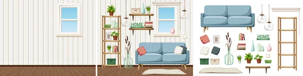 Vector Cozy Living Room Interior Sofa Shelving Houseplants Empty Room — Stock Vector